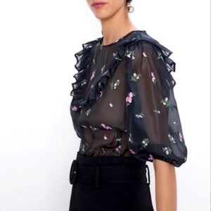 Zara Sheer Floral Embroidered Alice Blouse Organza  Ruffle Black XS